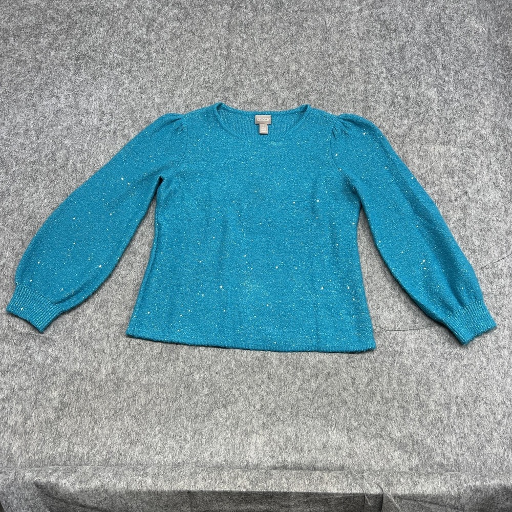 Chicos Sweater Womens 1 m Teal Blue Sequin Speckle Long Balloon Sleeve Pullover